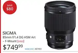 Vistek SIGMA 85mm f/1.4 DG HSM Art – F-Mount offer