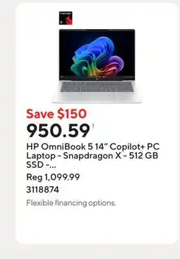 Staples HP OmniBook 5 14 Copilot+ PC Laptop - Snapdragon X - 512 GB SSD - 16 GB RAM - Windows 11 Home offer