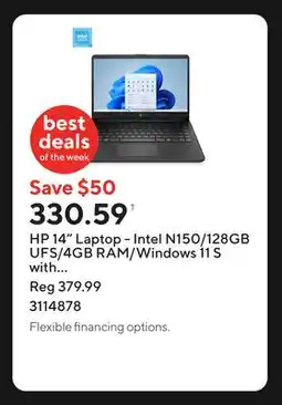 Staples HP 14 Laptop - Intel N150/128GB UFS/4GB RAM/Windows 11 S with 1-year of Microsoft 365 offer