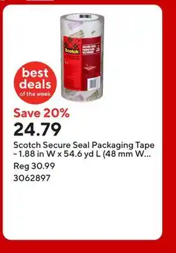 Staples Scotch Secure Seal Packaging Tape - 1.88 in W x 54.6 yd L (48 mm W x 50 m L) - 4 Roll pk offer