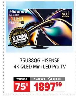 2001 Audio Video 75U88QG HISENSE 75 4K QLED Mini LED Pro TV offer