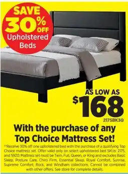 Surplus Furniture Save 30% off Upholstered Beds with purchase of any Top Choice Mattress Set offer