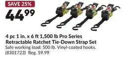 Princess Auto 4 pc 1 in. x 6 ft1,500 lb Pro Series Retractable Ratchet Tie-Down Strap Set offer