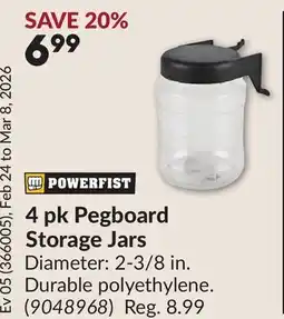Princess Auto 4 pk Pegboard Storage Jars offer