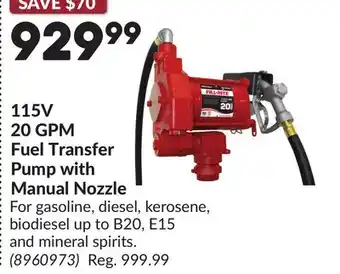 Princess Auto 115V 20 GPM Fuel Transfer Pump with Manual Nozzle offer