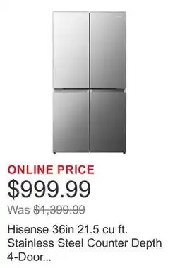 Costco Hisense 36in 21.5 cu ft. Stainless Steel Counter Depth 4-Door Refrigerator with Triple-Zone Function offer