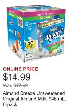 Costco Almond Breeze Unsweetened Original Almond Milk, 946 mL, 6-pack offer