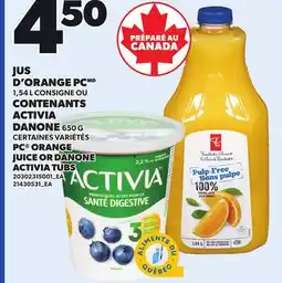Provigo PC ORANGE JUICE, 1,54 L OR DANONE ACTIVIA TUBS, 650 G offer