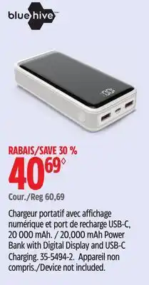 Canadian Tire Bluehive 20,000 mAh Power Bank with Digital Display and USB-C Charging offer
