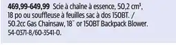 Canadian Tire 50.2cc Gas Chainsaw, 18˝ or 150BT Backpack Blower offer