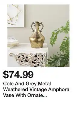 Wayfair Cole And Grey Metal Weathered Vintage Amphora Vase With Ornate Scroll Handles offer