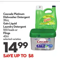 Longo's Platinum Dishwasher Detergent 39ct, Gain Liquid Laundry Detergent 100 loads or Flings 42ct offer