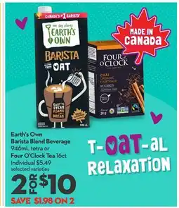 Longo's Earth's Own Barista Blend Beverage 946mL tetra or Four O'Clock Tea 16ct offer