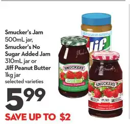 Longo's Jam 500mL jar, Smucker's No Sugar Added Jam 310mL jar or Jiff Peanut Butter 1kg jar offer
