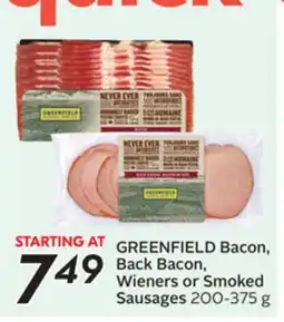 Sobeys GREENFIELD Bacon, Back Bacon, Wieners or Smoked Sausages offer