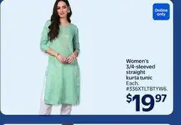 Walmart Women's 3/4-sleeved straight kurta tunic offer