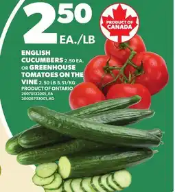Loblaws ENGLISH CUCUMBERS OR GREENHOUSE TOMATOES ON THE VINE offer