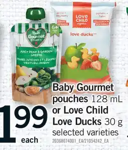Fortinos Baby Gourmet pouches, 128 mL or Love Child Love Ducks, 30 g offer