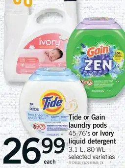 Fortinos TIDE OR GAIN LAUNDRY PODS, 45-76'S OR IVORY LIQUID DETERGENT, 3.1 L, 80 WL offer