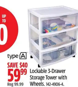 Canadian Tire Type A Lockable 3-Drawer Storage Tower with Wheels offer