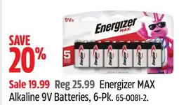 Canadian Tire Energizer MAX Alkaline 9V Batteries, 6-Pk offer