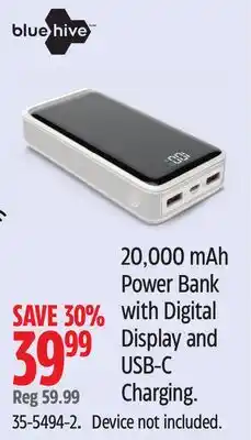 Canadian Tire Bluehive 20,000 mAh Power Bank with Digital Display and USB-C Charging offer