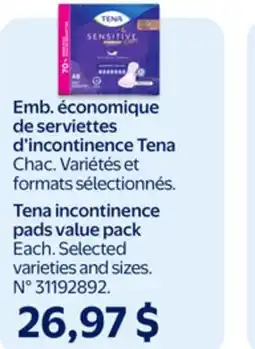 Walmart Tena incontinence pads value pack offer