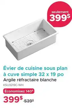 Bath Depot Évier de cuisine sous plan à cuve simple 32 x 19 po Argile réfractaire blanche offer