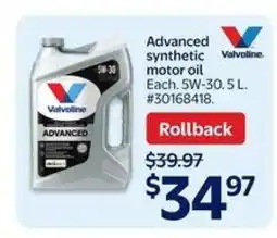 Walmart Valvoline Advanced Synthetic Motor Oil offer