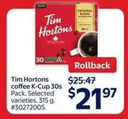Walmart Tim Hortons Coffee K-Cup 30s Pack offer