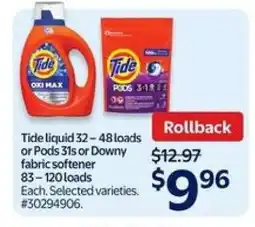Walmart Tide liquid or Pods or Downy fabric softener offer