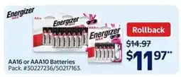 Walmart Energizer MAX AA16 or AAA10 Batteries offer