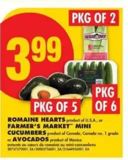 No Frills Romaine Hearts, Farmer's Market Mini Cucumbers, or Avocados offer
