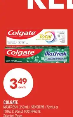 Shoppers Drug Mart COLGATE MAXFRESH (150mL), SENSITIVE (72mL) or TOTAL (120mL) TOOTHPASTE offer