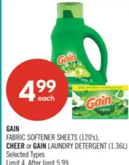 Shoppers Drug Mart GAIN FABRIC SOFTENER SHEETS (120's), CHEER or GAIN LAUNDRY DETERGENT (1.36L) Selected Types offer