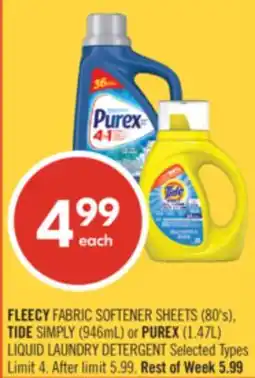 Shoppers Drug Mart FLEECY FABRIC SOFTENER SHEETS (80's), TIDE SIMPLY (946mL) or PUREX (1.47L) LIQUID LAUNDRY DETERGENT offer