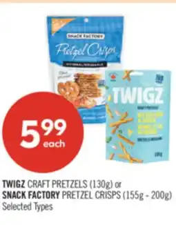 Shoppers Drug Mart TWIGZ CRAFT PRETZELS (130g) or SNACK FACTORY PRETZEL CRISPS (155g - 200g) offer
