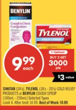 Shoppers Drug Mart SINUTAB (24's), TYLENOL (18's - 20's) COLD RELIEF PRODUCTS or BENYLIN COUGH SYRUP (100mL - 250mL) offer
