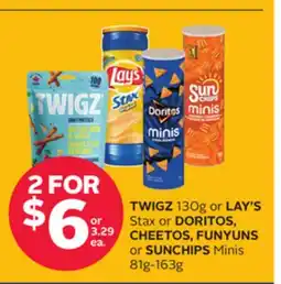 Rexall TWIGZ 130g or LAY'S Stax or DORITOS, CHEETOS, FUNYUNS or SUNCHIPS Minis 81g-163g offer