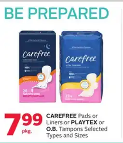 Rexall CAREFREE Pads or Liners or PLAYTEX or O. B. Tampons offer