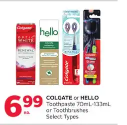 Rexall COLGATE or HELLO Toothpaste 70mL-133mL or Toothbrushes offer