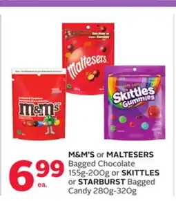Rexall M & M' S or MALTESERS Bagged Chocolate 155g-200g or SKITTLES or STARBURST Bagged Candy 280g-320g offer