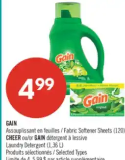 Pharmaprix GAIN Fabric Softener Sheets (120's) CHEER or GAIN Laundry Detergent (1.36 L) offer