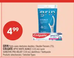 Pharmaprix GRIN Double Flossers (75), COLGATE OPTIC WHITE (133 mL), SENSITIVE PRO-RELIEF (120 mL) Toothpaste offer