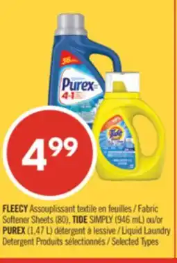 Pharmaprix FLEECY Fabric Softener Sheets (80), TIDE SIMPLY (946 mL), or PUREX (1,47 L) Liquid Laundry Detergent offer