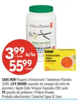Pharmaprix NO NAME Sweetener Packets (200). LIFE BRAND Apple Cider Vinegar Capsules (90) or PC Protein Powder offer