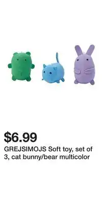 IKEA GREJSIMOJS Soft toy, set of 3, cat bunny/bear multicolor offer