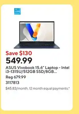 Staples ASUS Vivobook 15.6 Laptop - Intel i3-1315U/512GB SSD/8GB RAM/Windows 11 Home offer