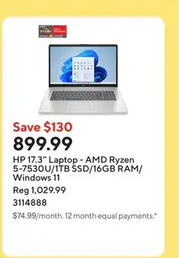 Staples HP 17.3 Laptop - AMD Ryzen 5-7530U/1TB SSD/16GB RAM/Windows 11 offer