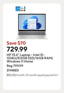 Staples HP 15.6 Laptop - Intel i5-1334U/512GB SSD/16GB RAM/Windows 11 Home offer